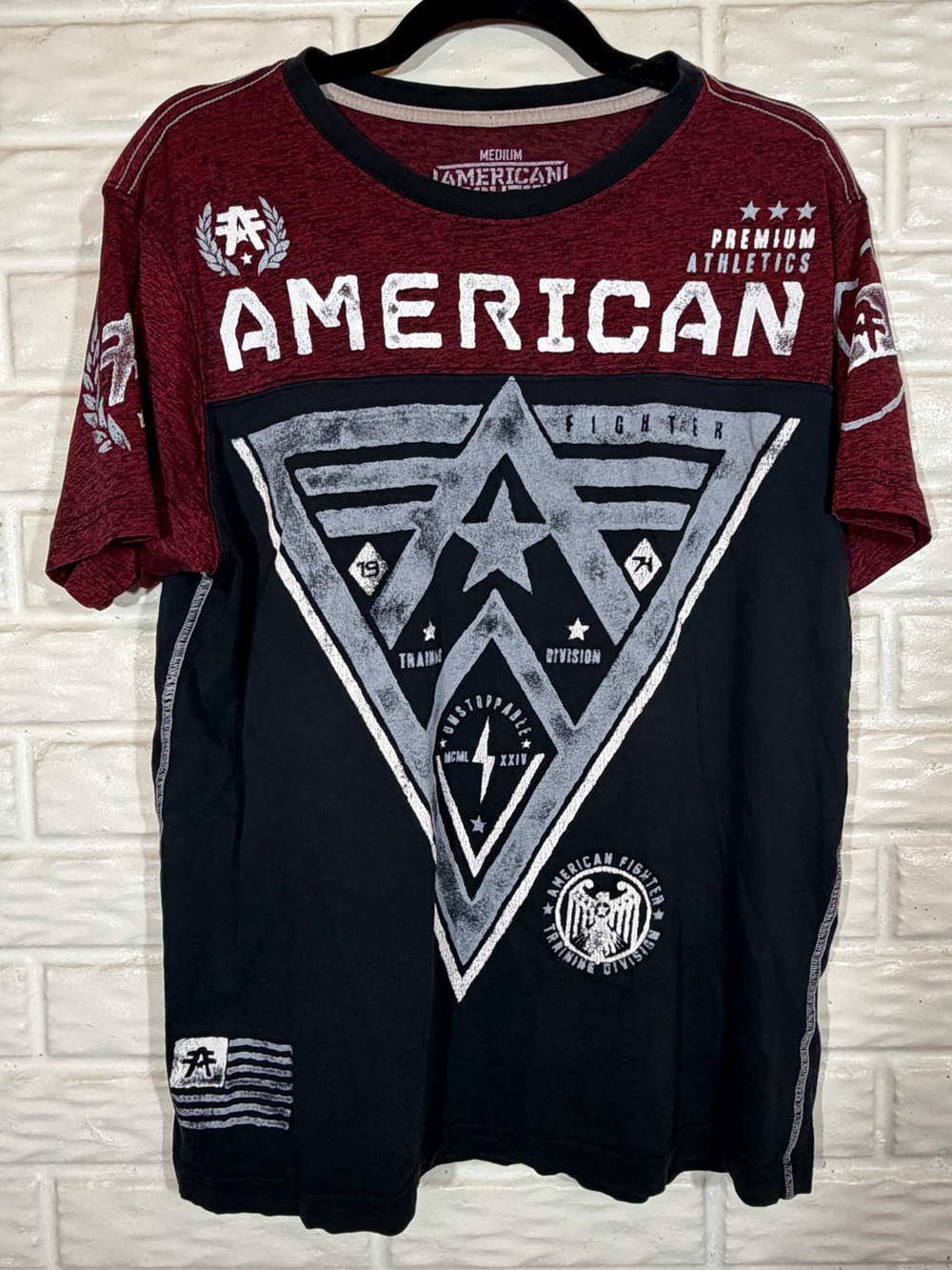 American Fighter Y2K MMA Graphic T-Shirt Red Black Double Sided Size M